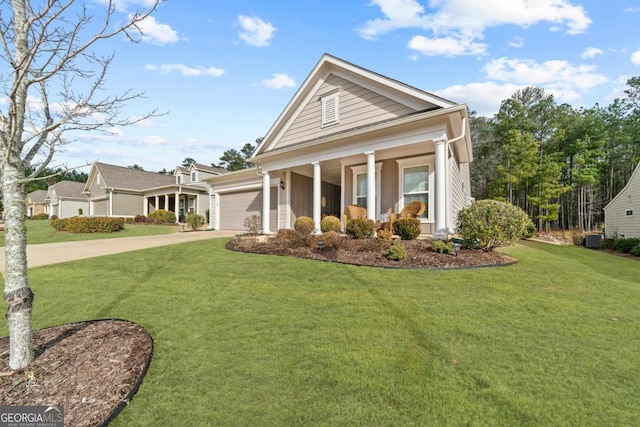 neoclassical / greek revival house with a garage, a front yard, a porch, and central AC