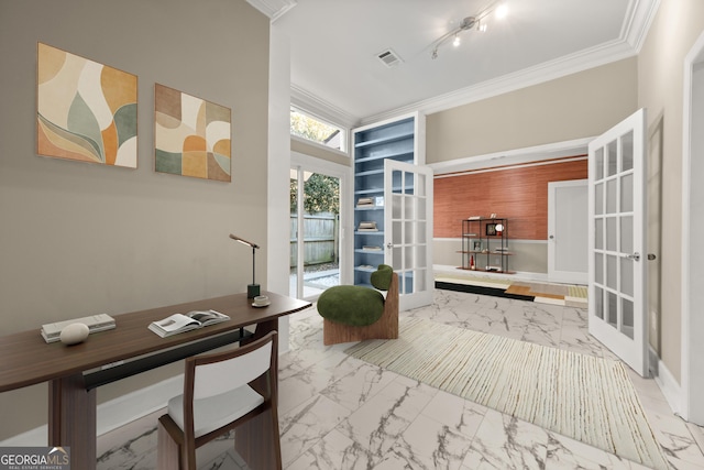 office space with marble finish floor, visible vents, ornamental molding, french doors, and built in features