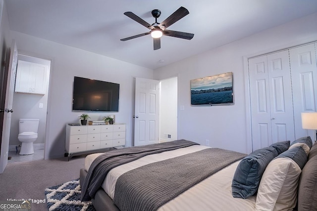 carpeted bedroom with ceiling fan, a closet, and connected bathroom