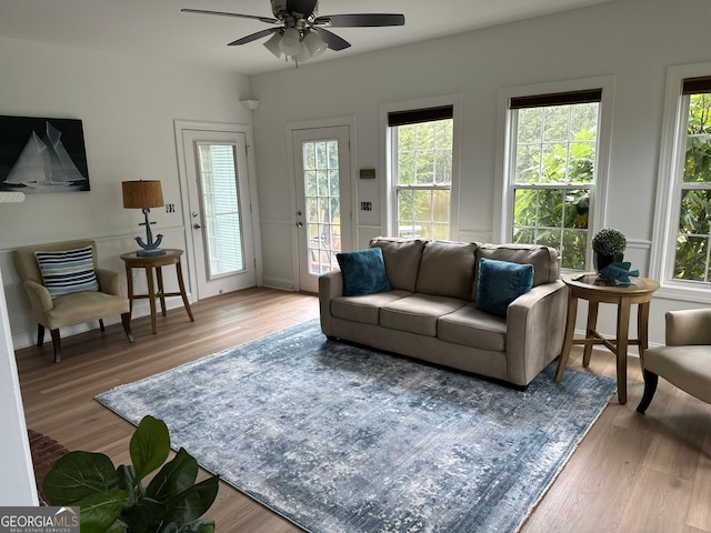 living room featuring ceiling fan and wood-type flooring