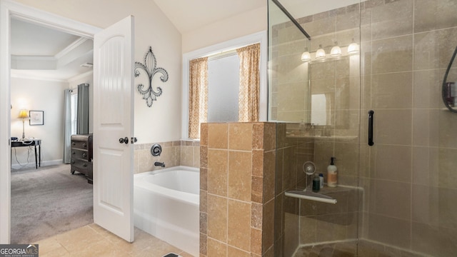 bathroom with a garden tub, crown molding, a stall shower, connected bathroom, and tile patterned flooring