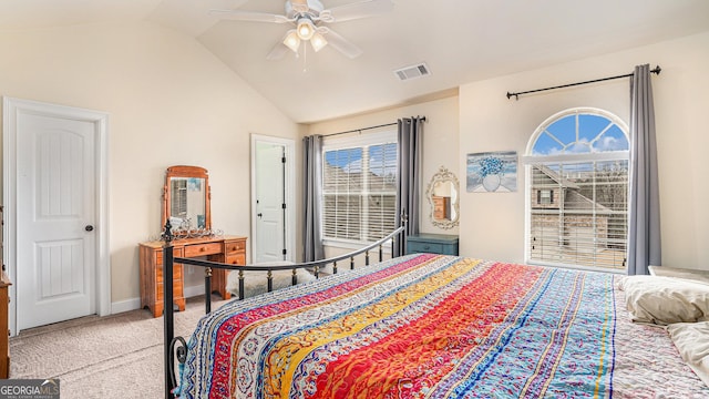 bedroom featuring carpet floors, visible vents, vaulted ceiling, ceiling fan, and baseboards