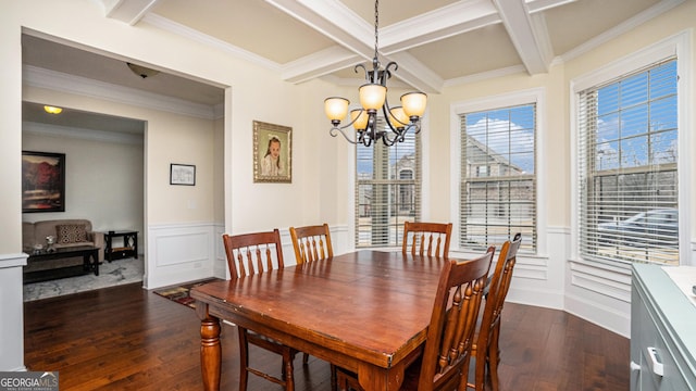 dining room with coffered ceiling, dark wood-type flooring, beamed ceiling, and an inviting chandelier