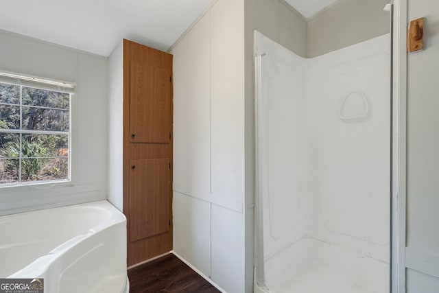 bathroom featuring wood-type flooring and separate shower and tub