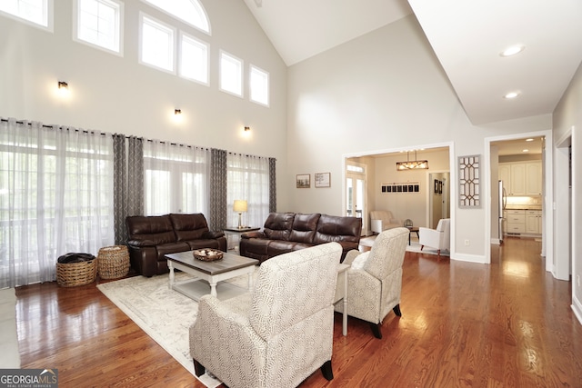 living room featuring high vaulted ceiling and dark hardwood / wood-style flooring