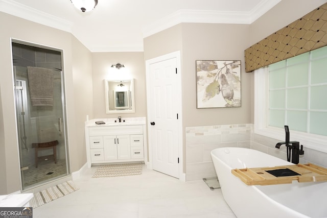 bathroom with crown molding, shower with separate bathtub, vanity, and tile walls