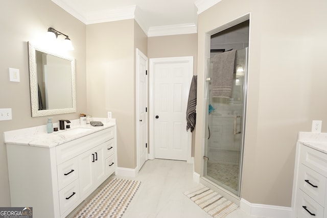 bathroom featuring tile patterned floors, an enclosed shower, vanity, and crown molding