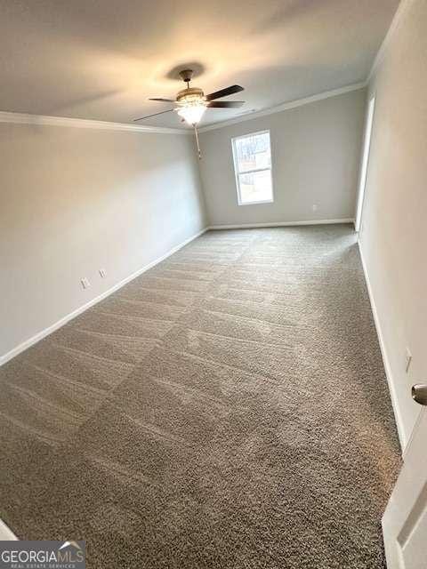 spare room featuring ceiling fan, carpet floors, and ornamental molding