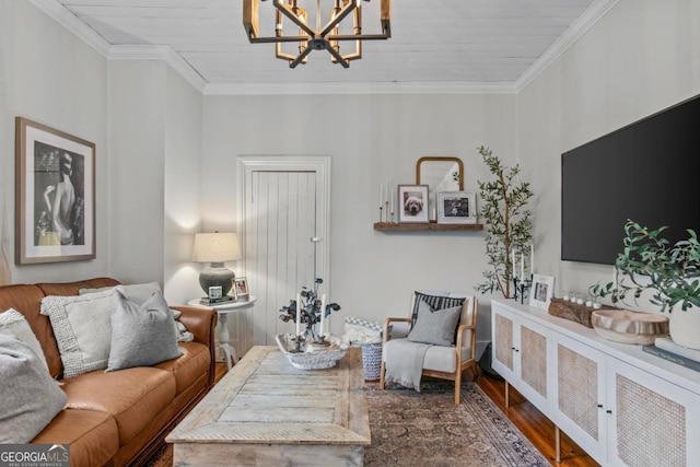 living room featuring crown molding, dark hardwood / wood-style flooring, a chandelier, and wooden ceiling