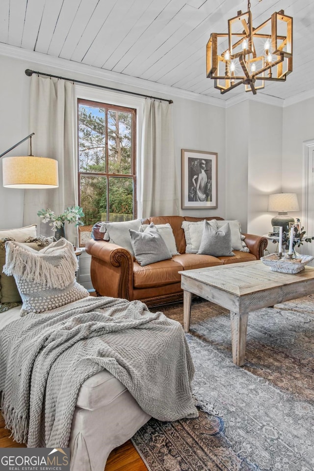 living room featuring ornamental molding, wooden ceiling, and wood-type flooring