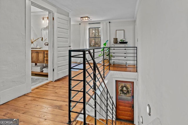 hall featuring crown molding and light hardwood / wood-style floors