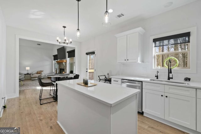 kitchen featuring visible vents, a center island, stainless steel dishwasher, plenty of natural light, and a sink