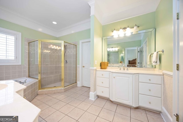 bathroom with vanity, crown molding, separate shower and tub, and tile patterned flooring