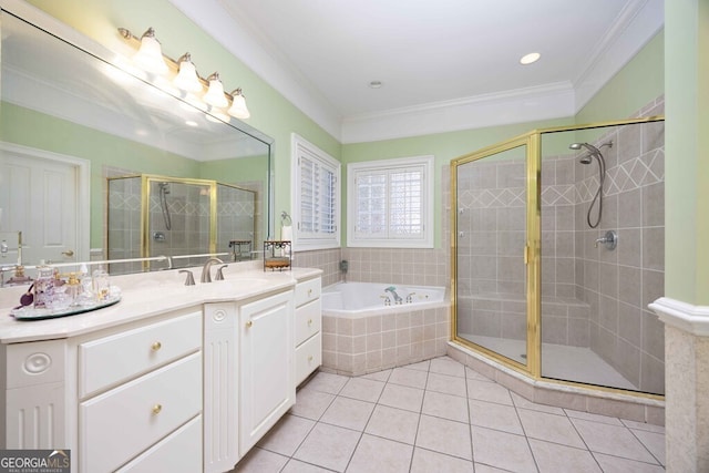 bathroom featuring tile patterned floors, vanity, crown molding, and shower with separate bathtub