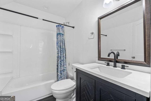 full bathroom with toilet, vanity, and shower / bathtub combination with curtain