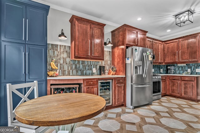 kitchen featuring appliances with stainless steel finishes, decorative light fixtures, wine cooler, backsplash, and ornamental molding