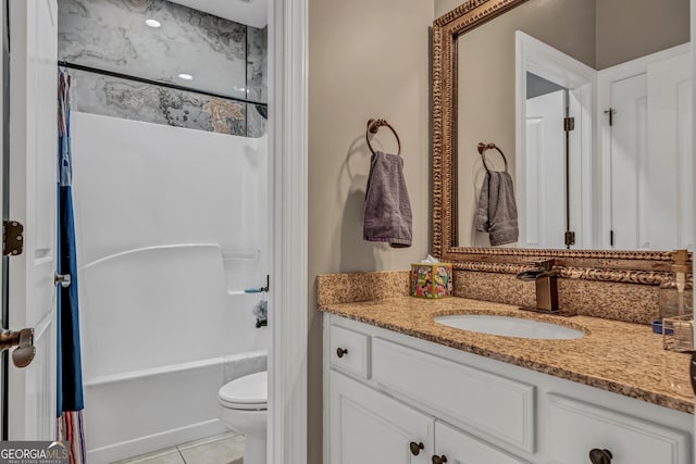 full bathroom with shower / bath combination with curtain, vanity, toilet, and tile patterned flooring