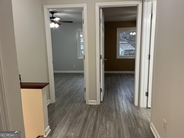 hall featuring baseboards and dark wood-style flooring