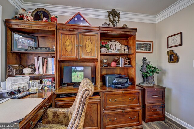 office area featuring wood-type flooring and crown molding