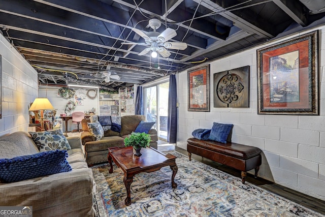 living room featuring ceiling fan