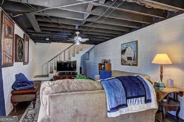 living room with ceiling fan