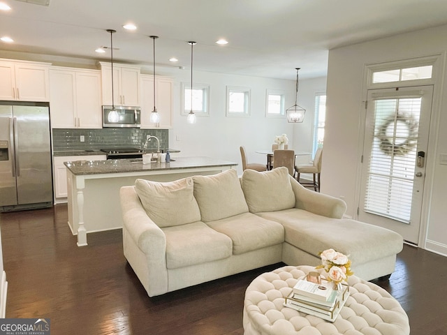 living room featuring dark wood-type flooring and sink