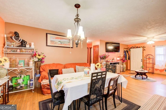 dining space featuring ceiling fan with notable chandelier, a textured ceiling, and light hardwood / wood-style flooring