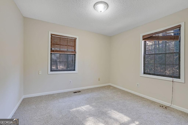 empty room with a textured ceiling and carpet flooring