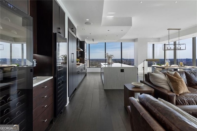 kitchen with sink, dark wood-type flooring, plenty of natural light, and pendant lighting