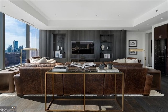 living room featuring a raised ceiling and wood-type flooring