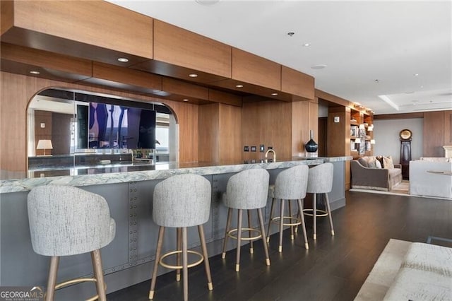 bar with light stone countertops, dark hardwood / wood-style flooring, sink, and wooden walls