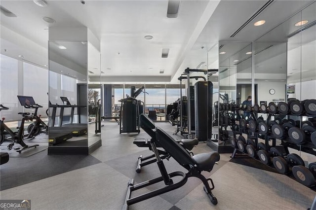 exercise room featuring floor to ceiling windows