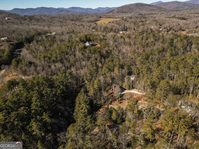 drone / aerial view with a wooded view and a mountain view