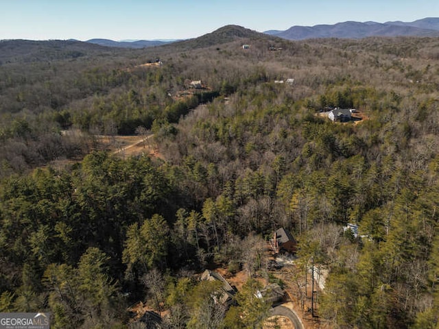 bird's eye view featuring a mountain view and a view of trees