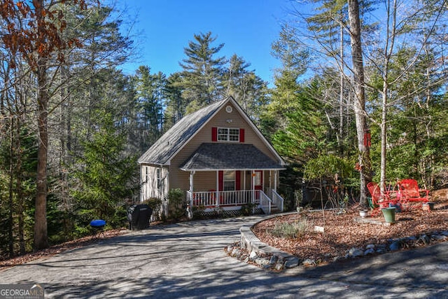 chalet / cabin featuring covered porch and driveway