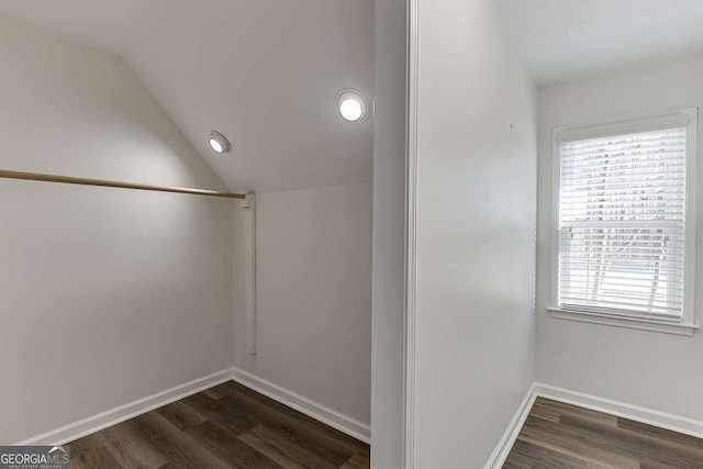 interior space featuring wood-type flooring and vaulted ceiling