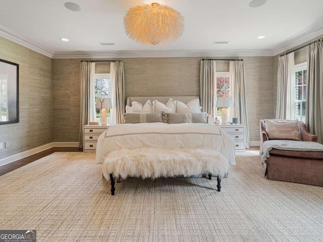 bedroom with crown molding, recessed lighting, visible vents, baseboards, and wallpapered walls