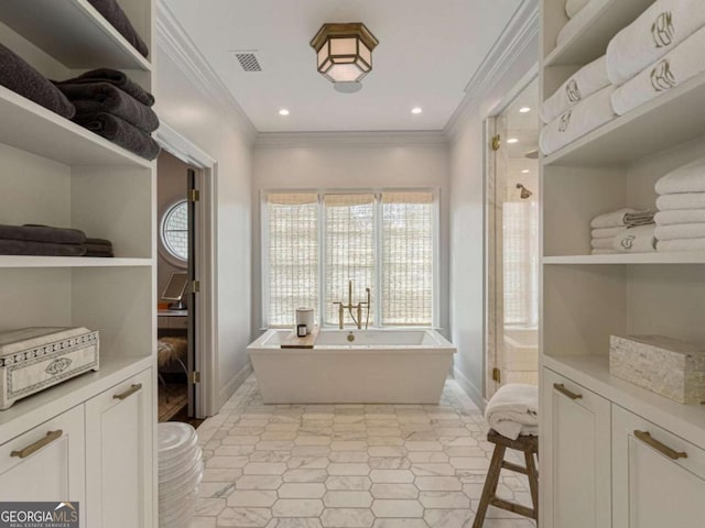 3612 Castlegate Dr NW, Atlanta, GA 30327 - full bathroom featuring a freestanding tub, visible vents, crown molding, and a shower stall
