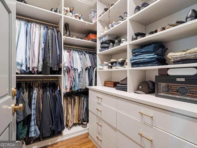 walk in closet with light hardwood / wood-style floors