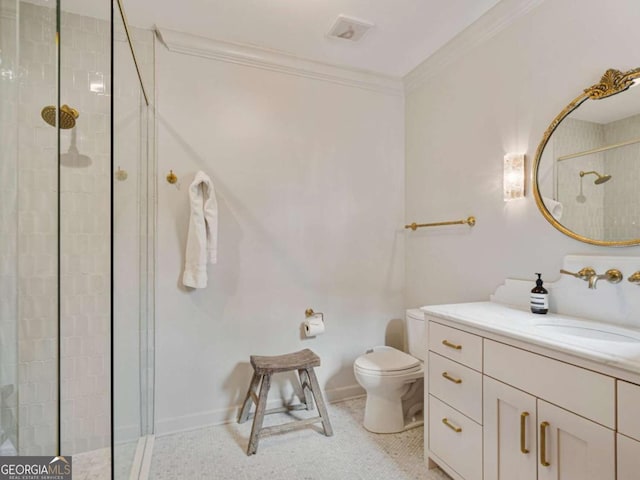 bathroom featuring tile patterned flooring, vanity, toilet, walk in shower, and ornamental molding