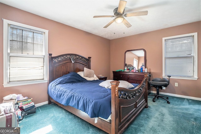 carpeted bedroom with ceiling fan