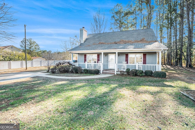 view of front of house featuring covered porch and a front lawn