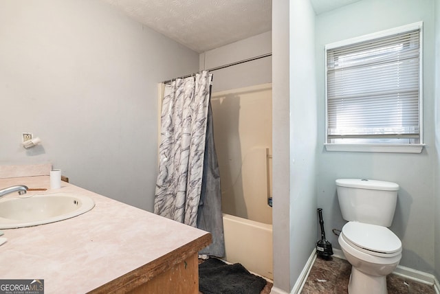 full bathroom featuring toilet, a wealth of natural light, a textured ceiling, shower / tub combo with curtain, and vanity