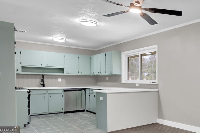 kitchen featuring ceiling fan, sink, stainless steel dishwasher, and ornamental molding