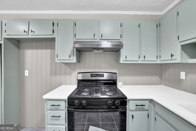 kitchen with black gas stove, crown molding, and a textured ceiling