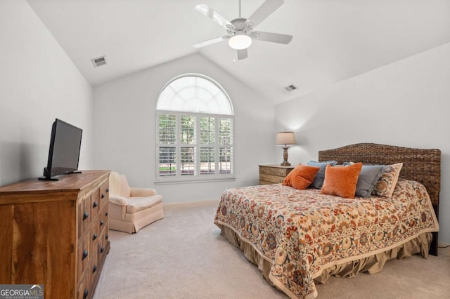 bedroom featuring light carpet, ceiling fan, and lofted ceiling