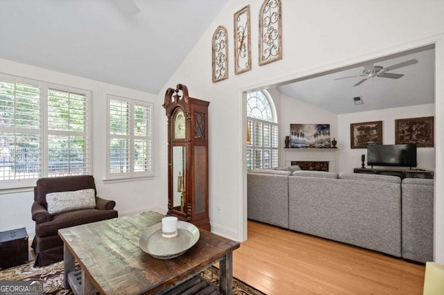 living room with ceiling fan, lofted ceiling, and wood-type flooring