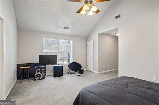 carpeted bedroom with lofted ceiling and ceiling fan