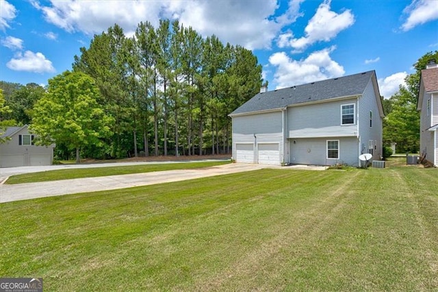 rear view of property with central AC and a lawn