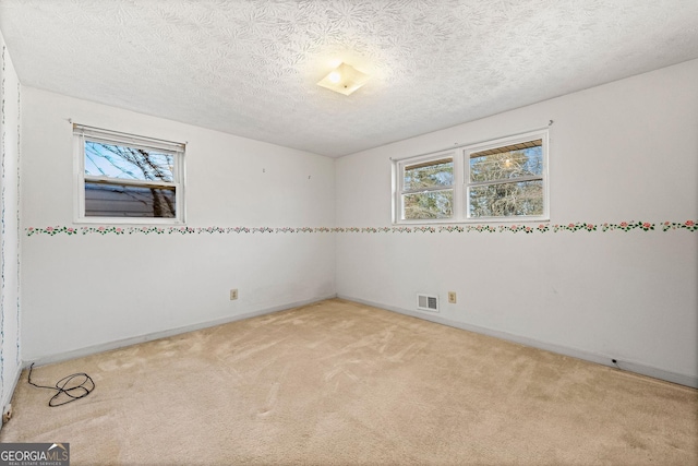 unfurnished room featuring light colored carpet and a textured ceiling